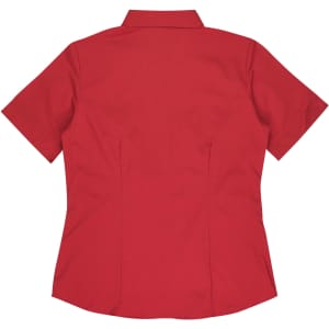 A red short-sleeve button-up shirt with a collar and a fitted back design. It features a logo.