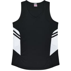 A black singlet featuring white panels and stripes, with a logo on the front. Suitable for active wear.