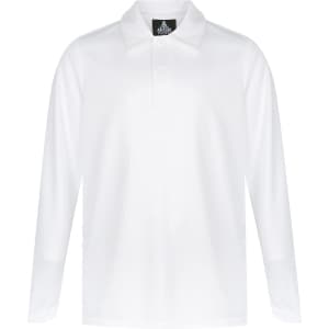 A long-sleeved white polo shirt featuring a collar and a buttoned placket. It includes a logo on the upper side.