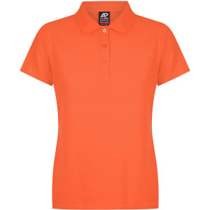 An orange polo shirt with a collared neckline and three buttons, featuring a brand logo on the label.