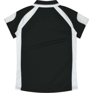 A black and white polo shirt featuring a contrasting design and a collar, with a logo on the chest area.