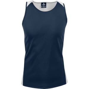 A navy blue singlet with light grey side panels, featuring a logo on the neckline.