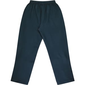 Dark green track pants with an elastic waistband and a straight leg cut. Features a simple design and branding.