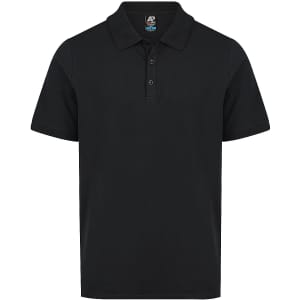 A black polo shirt with a collared neckline and three-button placket, featuring a logo on the chest.