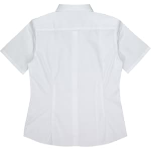 A white short-sleeve button-up shirt with a collar and a logo on the back.