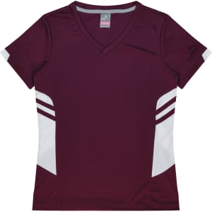 A maroon women's T-shirt featuring white side stripes and a V-neck design. It includes a logo.