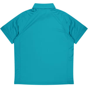 A teal polo shirt with a collar and short sleeves, featuring a plain design and a logo.