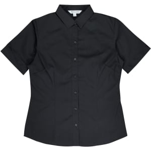 A short sleeve black button-up shirt with a fitted design and a collar, featuring a logo.