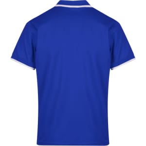 A blue polo shirt with a collar and contrasting white trim on the sleeves. It features a brand logo.