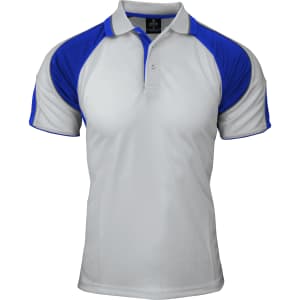 A polo shirt featuring a white body with blue sleeves, and a branded collar.