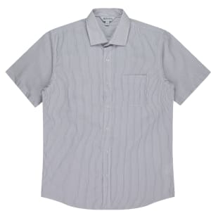 Short-sleeve button-up shirt featuring a striped pattern in grey and white, with a single chest pocket and a logo.