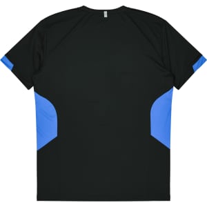 A black T-shirt with blue accents on the sides and a logo on the back.