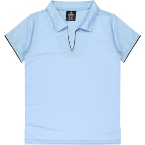 Light blue polo shirt with a collar and contrasting black detailing, featuring a logo.