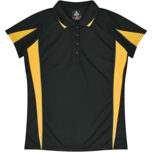 A dark green polo shirt featuring yellow side panel accents and a collar, with buttons and a logo.