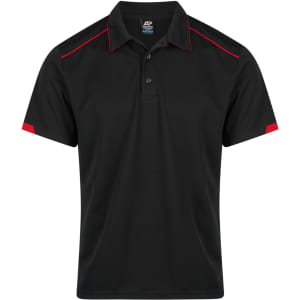 A black polo shirt with red detailing and a logo on the chest. Short sleeves and a classic collar design.