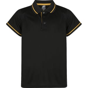 A black polo shirt featuring contrasting yellow trim and a buttoned placket, with a logo on the collar.