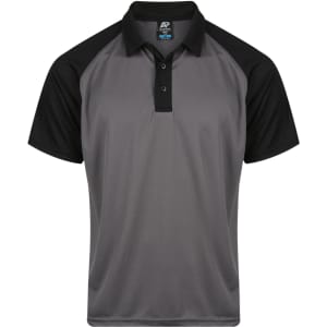 A grey and black polo shirt featuring a branded label, designed for men's casual wear.