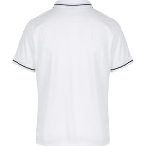 A white men's polo shirt featuring contrasting trim, designed with a classic collar and short sleeves.