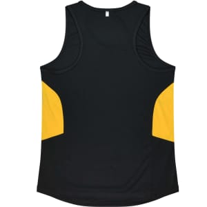 A black singlet with yellow accents and a logo on the back.