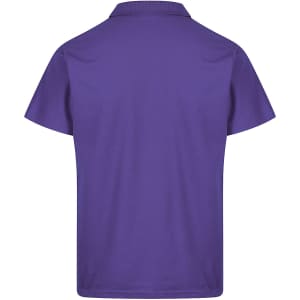 A purple polo shirt with a collar and short sleeves, featuring a logo on the front.