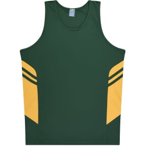 A green and yellow men's singlet featuring a sporty design with contrasting stripes and a logo.