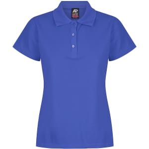 A women’s polo shirt in a vibrant blue colour with a classic collar and three-button placket. It features a logo.