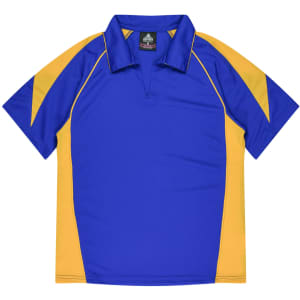 A blue and yellow polo shirt with a collar and short sleeves, featuring a logo on the front.