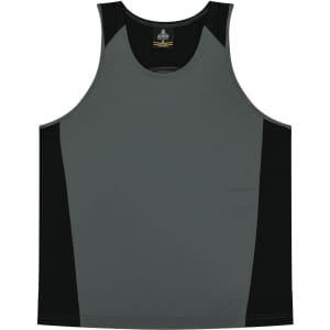 A grey and black singlet featuring a logo, made for children.