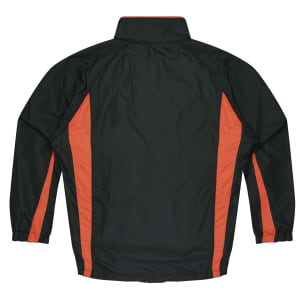 A dark green tracktop with orange side stripes and a high collar. It features a logo on the back.