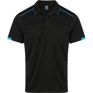 A black polo shirt with blue accents and a logo on the chest area.
