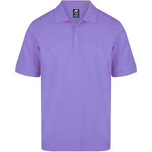 A short-sleeved polo shirt in a light purple shade, featuring a collar and a logo.