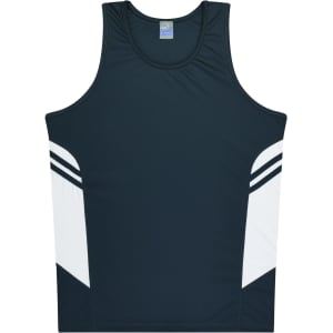 A black and white singlet featuring contrast stripes and a branded label. Suitable for kids.