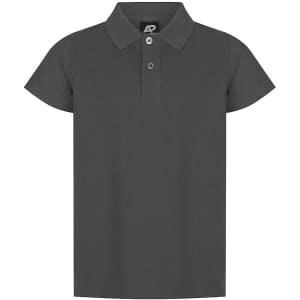 A dark grey polo shirt with a collar and three-button placket, featuring a logo on the chest.