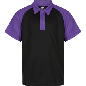 A black polo shirt with purple raglan sleeves, featuring a collar and a logo on the chest.