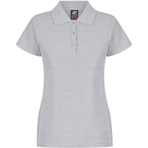 A light grey polo shirt with a collar and three buttons, featuring a logo on the tag.