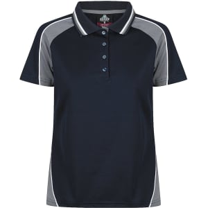 A navy polo shirt featuring grey side panels and a collar with buttons, designed for women.