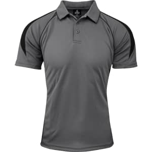 A grey polo shirt with black shoulder accents and a logo on the chest area.