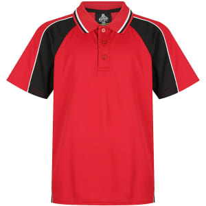 A red polo shirt with black raglan sleeves and a logo, featuring a three-button placket and contrasting trim.
