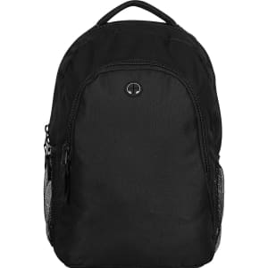 A black backpack with a zippered front pocket and mesh side pockets, featuring a logo on the front.