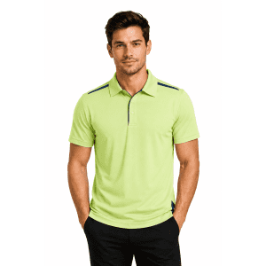 A light green polo shirt with a collar, featuring a logo and contrasting navy accents on the shoulders.