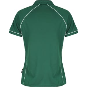 A green polo shirt featuring white piping, designed for women. It has a collar and short sleeves.