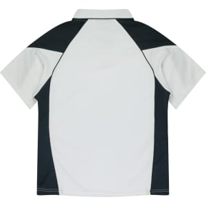 A polo shirt featuring a combination of white, black, and grey, with short sleeves and a collar. It includes a logo.