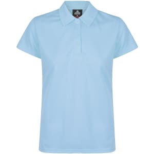 A light blue women's polo shirt with a classic collar and a fitted design. The shirt features a logo.