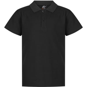 A black polo shirt with a collar and three buttons, featuring a logo.