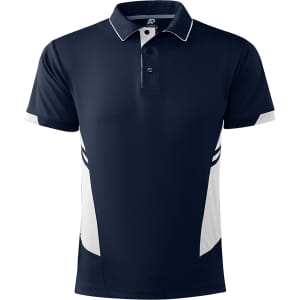 A navy blue polo shirt with white side panels and a collar, featuring a logo on the chest.