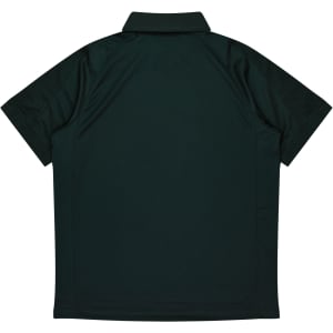 A dark green polo shirt with a collar and short sleeves, displaying a plain back. It features a logo.