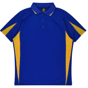 A blue polo shirt with yellow accents and a collar, featuring a branding logo. Perfect for kids.