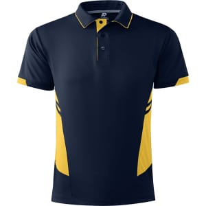 A navy blue and yellow polo shirt featuring a collar and short sleeves, with colour accents on the sides and a logo.