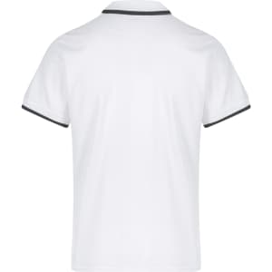 A white polo shirt with contrasting trim and a logo, featuring a classic short-sleeve design.
