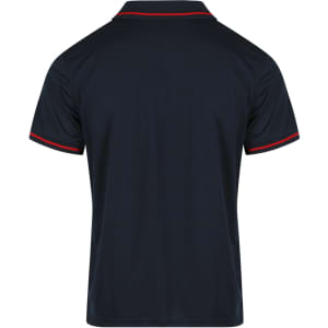 A navy polo shirt with red accents, featuring a collar and short sleeves. The shirt has a logo on it.